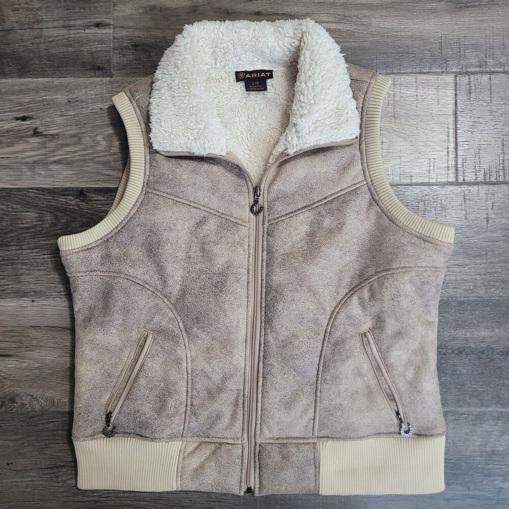 Ariat Sherpa Lined Vest Horshoe Zipper Brown Cream Full Zip Women's Size Large
